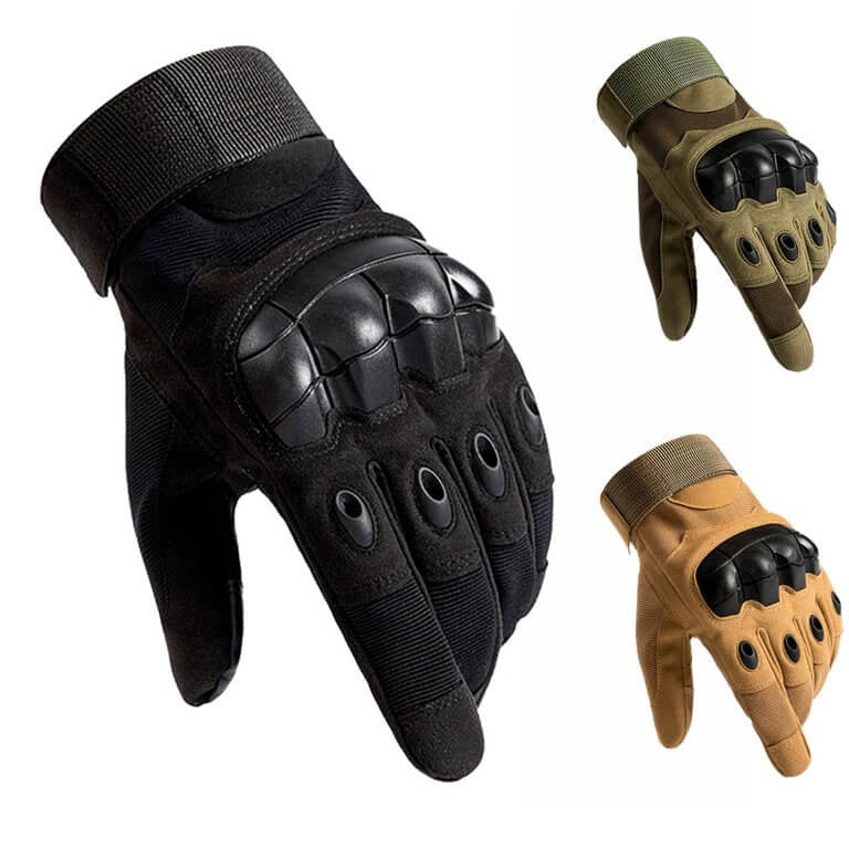 Luvas táticas de dedos longos com proteção rígida nos nós dos dedos, nas cores preta, verde camuflada e bege
